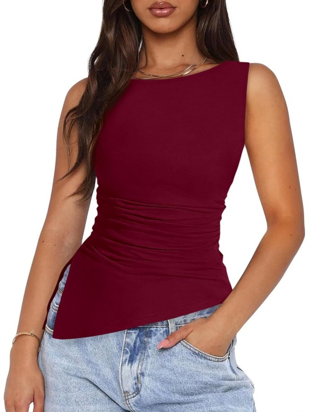 Women's Burgundy Ruched Sleeveless Shirt Summer Casual Slim Fit Going Out Blouse